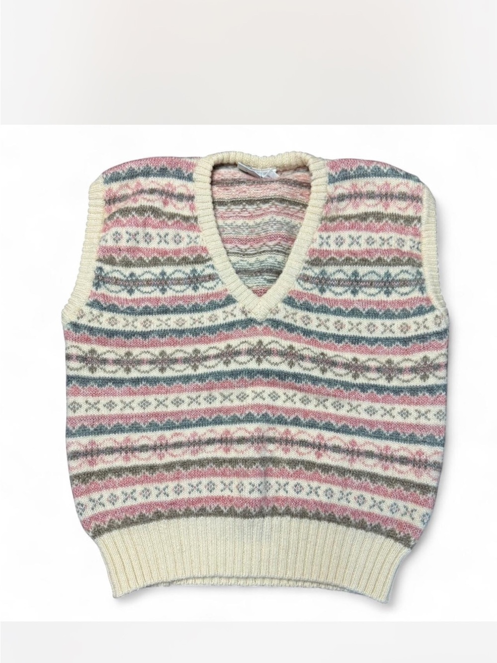 Vintage Cream Fair Isle V-Neck Sweater Vest with Pink & Gray Pattern - Women
